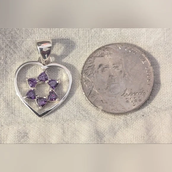 Pendant --925 Silver Heart  inset with Star David in Amethyst CZ - Picture 5 of 5